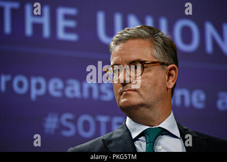 Brüssel, Belgien. 13. September 2018. Der EU-Kommissar Julian König hält eine Pressekonferenz für die Bekämpfung des Terrorismus online und offline. Alexandros Michailidis/Alamy leben Nachrichten Stockfoto