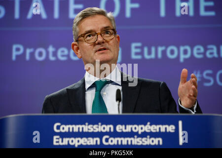 Brüssel, Belgien. 13. September 2018. Der EU-Kommissar Julian König hält eine Pressekonferenz für die Bekämpfung des Terrorismus online und offline. Alexandros Michailidis/Alamy leben Nachrichten Stockfoto