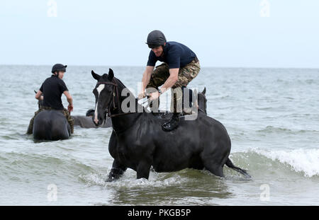 Holkham, Norfolk, Großbritannien. 12. Sep 2018. Soldaten und Pferde aus dem Könige Troop Royal Horse artillery genießen ihre Ausbildung am Strand von Holkham, Norfolk, am 12. September 2018. Credit: Paul Marriott/Alamy leben Nachrichten Stockfoto