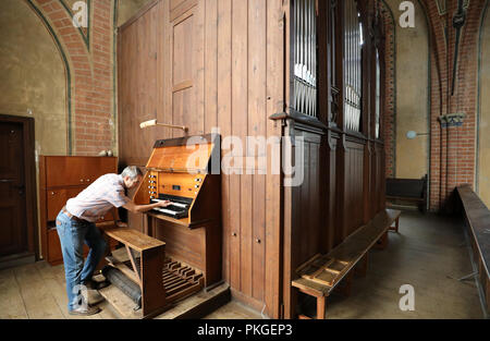 10. September 2018, Mecklenburg-Vorpommern, Malchow: 10. September 2018, Deutschland, Malchow: Friedrich Drese, Direktor der Mecklenburgischen Orgel Museum, steht an der Friese-Organ in der Klosterkirche. Das Instrument von 1890 schlecht aufgrund der extrem lang anhaltenden Trockenheit gelitten. Nach Drese, viele Organe im Land haben durch die außerordentlich trockene Luft der letzten Monate beschädigt worden: Windkraft - tragende Teile zerreißen, statische Teile lösen. Foto: Bernd Wüstneck/dpa Stockfoto