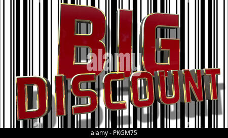 Großen Rabatt Rot und Gold 3D-Text mit Schwarzen und Weißen Barcode abstrakten Linie Hintergrund Stockfoto