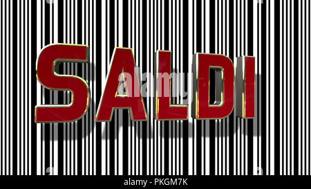 Italienische Verkauf (Saldi) Rot und Gold 3D-Text mit Schwarzen und Weißen Barcode abstrakten Linie Hintergrund Stockfoto