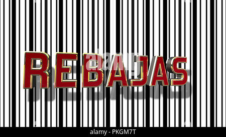 Spanisch Verkauf (Rebajas) Rot und Gold 3D-Text mit Schwarzen und Weißen Barcode abstrakten Linie Hintergrund Stockfoto