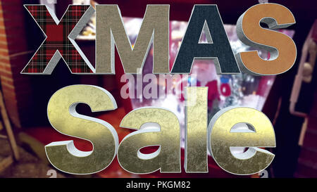 Weihnachten Verkauf 3D-Text. Schöne Gold, Schnee und Mode Text Effekt. Weihnachtsmann Charakter mit Schnee verschwommenen Hintergrund Stockfoto