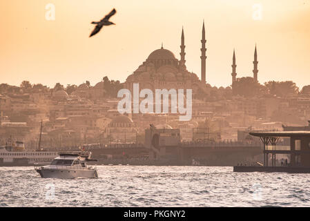 Galata Brücke und Suleymaniye Moschee im Stadtteil Fatih am Goldenen Horn Fluss vor Sonnenuntergang, Istanbul, Türkei. Travel Concept und dem Meer landscap Stockfoto