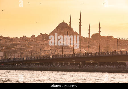 Galata Brücke und Suleymaniye Moschee im Stadtteil Fatih am Goldenen Horn Fluss vor Sonnenuntergang, Istanbul, Türkei. Travel Concept und dem Meer landscap Stockfoto