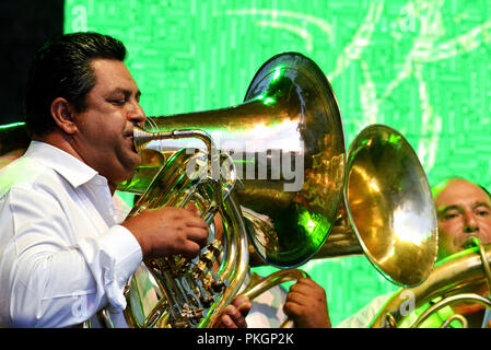 Bukarest, Rumänien - 7 September, 2018: die Musiker der Brass ensemble Fanfara de la Valea Mare auf der Bühne am Balkanik 8 im Gara Regala Stockfoto