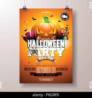 Halloween Party flyer Vector Illustration mit unheimlichen konfrontiert Kürbis auf orangem Hintergrund. Urlaub Design Template mit Spinnen, Friedhof und fliegende Fledermäuse für Party Einladung, Grußkarte, Banner oder Feier Plakat. Stock Vektor