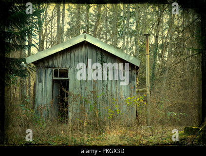Schöne Aufnahme eines alten Holzhauses mitten in einem Wald, Auvergne, Frankreich Stockfoto