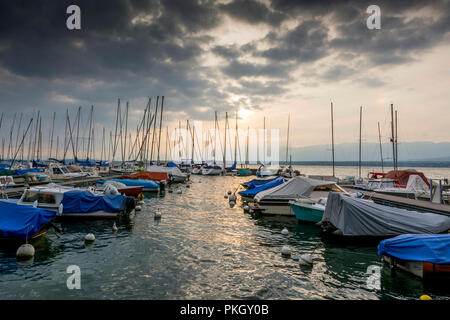 Kleine Boote bedeckten und günstig auf einem Ponton am Genfer See unter einem stürmischen Himmel, Haute Savoie, Auvergne Rhône-Alpes, Frankreich Stockfoto