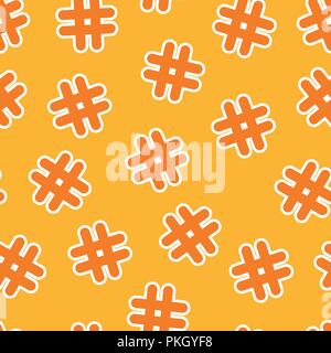 Vektor nahtlose Muster Hash Tag orange Aufkleber auf einem gelben Hintergrund. Stock Vektor