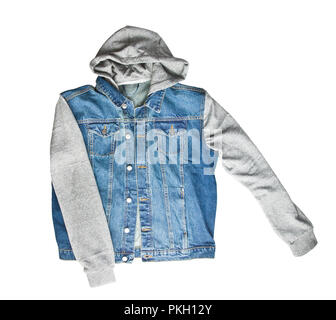 Jeans Weste mit Kapuze auf weißem Hintergrund. Stockfoto