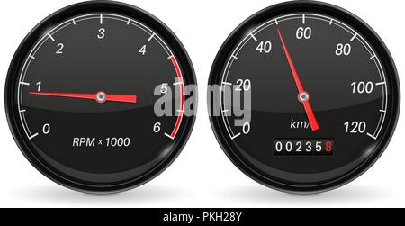 Tachometer und Drehzahlmesser. Schwarz Armaturenbrett anzeigen Stock Vektor