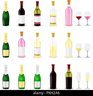 Wein. 3d-wein und sekt Flaschen und Gläser Stock Vektor