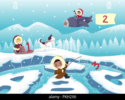 Abbildung: Stickman Kids Eskimo mit 123 und ABC Stockfoto