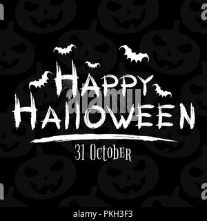 Happy Halloween Inschrift. Grunge Brush. Fledermäuse fliegen und eine Spinne auf einem Webserver. Text Banner. Muster der Halloween Kürbisse. Schreckliche festliche Decken. Vect Stock Vektor