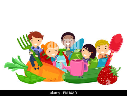 Abbildung: Stickman Zicklein mit Garten Werkzeuge und Gemüse wie Karotten, Erdbeere, Gurke, Tomate, Paprika und Erbsen Stockfoto