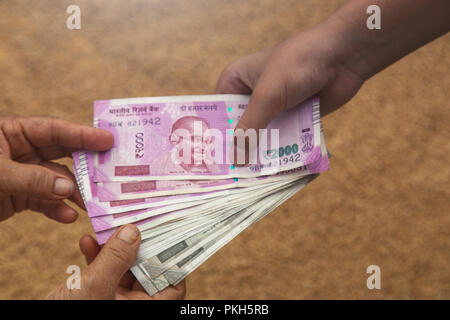 Hand geben Indische 500 und 2000 Rupien Banknoten über Weizen Hintergrund. Konzept für das Ergebnis oder verbringen Sie in der Landwirtschaft. Stockfoto