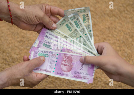 Hand geben Indische 500 und 2000 Rupien Banknoten über Weizen Hintergrund. Konzept für das Ergebnis oder verbringen Sie in der Landwirtschaft. Stockfoto