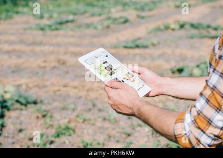 7/8 Schuß von Landwirt mit digitalen Tablet mit ebay Website beim Stehen auf Feld Stockfoto
