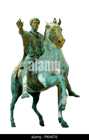 Original Reiterstatue des Kaisers Marcus Aurelius auf weißem Hintergrund Stockfoto