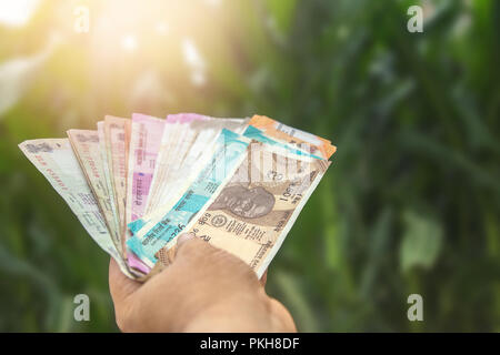 Indische Rupien in die Hand. Indische mehrere Währung Note in der Hand gehalten. Stockfoto
