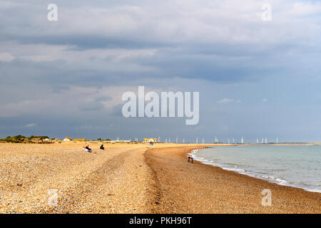 Die Schindel, Winchelsea Beach, nach Osten zu Little Cheyne Court Windpark, East Sussex, England. 30. August 2018 Stockfoto