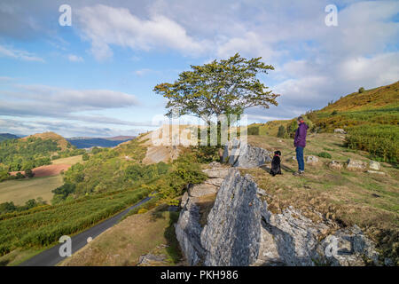 Die Kalkfelsen der Eglwyseg Escarpment über dem Tal von Llangollen, Wales, Großbritannien Stockfoto