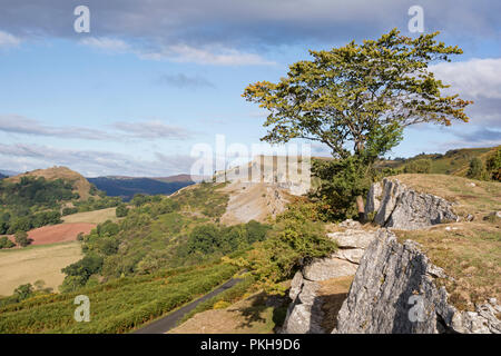 Die Kalkfelsen der Eglwyseg Escarpment über dem Tal von Llangollen, Wales, Großbritannien Stockfoto