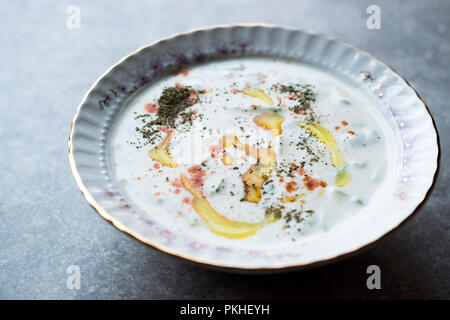 Cacik/Tzatziki Sauce mit Joghurt, Gurkenscheiben, Olivenöl, Thymian und Rote Paprika Pulver in Keramik Schüssel. Traditionelle biologische Lebensmittel. Stockfoto