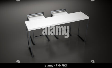 Tisch & Stuhl, 3D-Rendering, 3D-Illustration, Weiß Tisch, weiß Stuhl, Stuhl, Tisch, Stahl Beine, Grau, grauer Hintergrund, weiße Tische & Sessel, Zähler, Moderne Stockfoto