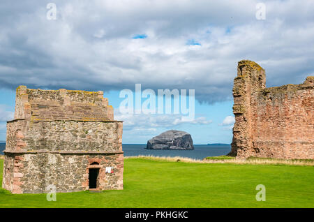 Alte Taubenschlag, Bass Rock und 14. Jahrhundert Vorhang Wand befestigte Tantallon Castle, East Lothian, Schottland, Großbritannien Stockfoto