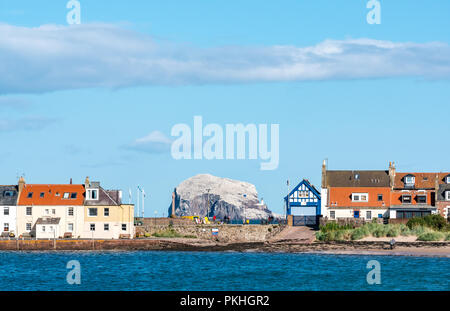 Blick von West Bay zu Hafen und Bass Rock, North Berwick, East Lothian, Schottland, Großbritannien Stockfoto
