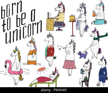 Die niedlichen 11 handgezeichnete Einhörner und Beschriftung - geboren ein Einhorn. Stock Vektor