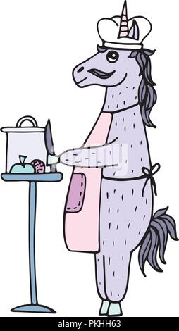 Schöne handgezeichnete Einhorn - Kochen in einer Schürze die Vorbereitung Abendessen. Stock Vektor