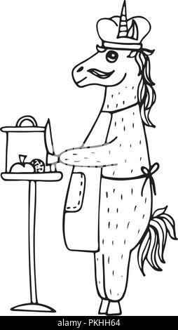 Schöne handgezeichnete Einhorn - Kochen in einer Schürze die Vorbereitung Abendessen. Stock Vektor