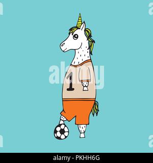 Schöne handgezeichnete Einhorn - Fußball Spieler mit einem Ball. Stock Vektor