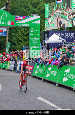 Tour durch Großbritannien 2018, 7. September. Rising Star der britischen Radfahren, Tom Pidcock, Fahrten in der 6. Platz auf der Bühne 6 an whinlatter Visitor Center. Stockfoto