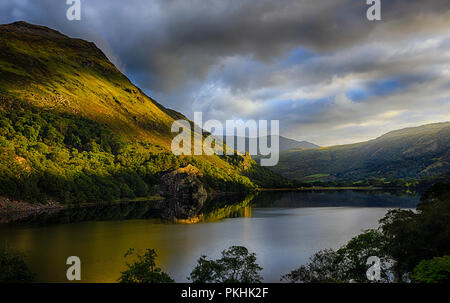 Die Sonne erstmals nach einer Nacht der Regen, glänzend auf Gallt Y Wenallt neben Llyn Gwynant in Snowdonia (Eryri), Wales (Cymru Stockfoto