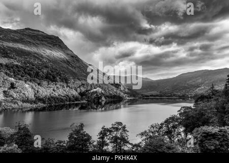 Die Sonne erstmals nach einer Nacht der Regen. Shinning auf Gallt Y Wenallt neben Llyn Gwynant in Snowdonia (Eryri), Wales (Cymru), UK. Stockfoto