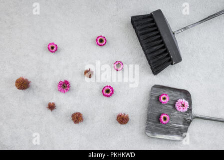 Fegen Sie rosa Blüten mit schwarzer Pinsel und Schaufel, auf Betonboden Hintergrund. Wechsel der Jahreszeiten Konzept. Stockfoto