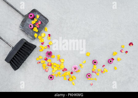 Weg fegen trockene Blumen und Rosenblättern im Garten Terrasse, mit Besen und Kehrblech, auf Betonboden Hintergrund. Wechsel der Jahreszeiten. Stockfoto