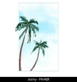 Aquarell Karte mit Palmen und blauem Himmel Stockfoto