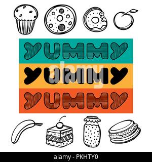 Süße Hand gezeichnet Poster Menü für Cafe mit Dessert Essen und leckeres Angebot. Lineare Abbildung. Stock Vektor