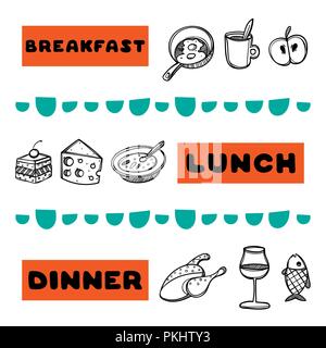 Hand gezeichnet Menü für Cafe mit Essen und Frühstück, Mittagessen, Abendessen Inschriften. Template Design. Stock Vektor
