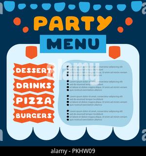Bunte Flyer für Cafe mit Menü für Party Zitat mit Dessert, Getränke, Pizza und Burger Inschriften niedlich. Template Design. Cartoon Illustration. Stock Vektor