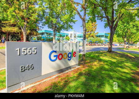 Mountain View, Kalifornien, USA - 13. August 2018: Google an Google Bergblick Campus - Gebäude 46 1565 Charleston Road, Shoreline Nachbarschaft, CA. Stockfoto