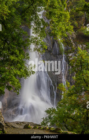 Die hohe Aber fällt bei Abergwyngregyn in der Nähe Conwy in Nordwales. Ein einfacher Spaziergang bietet hervorragenden Zugang zu diesen fällt die Druckabfall an einem Berghang Stockfoto