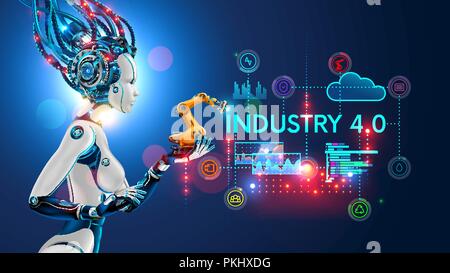 Concept Industrie 4.0. Künstliche Intelligenz Automatisierung der Fertigung auf smart factory. Ai verwendet geistigen Management von industriellen Prozessen. Roboter woman holding in der Palm ein Roboterarm Stock Vektor