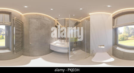 Sphärischen 360 Grad, nahtloses Panorama Bad Innenausbau mit Glas begehbare Dusche. Darstellung der Einrichtung in einem modernen Stil in Grau Stockfoto